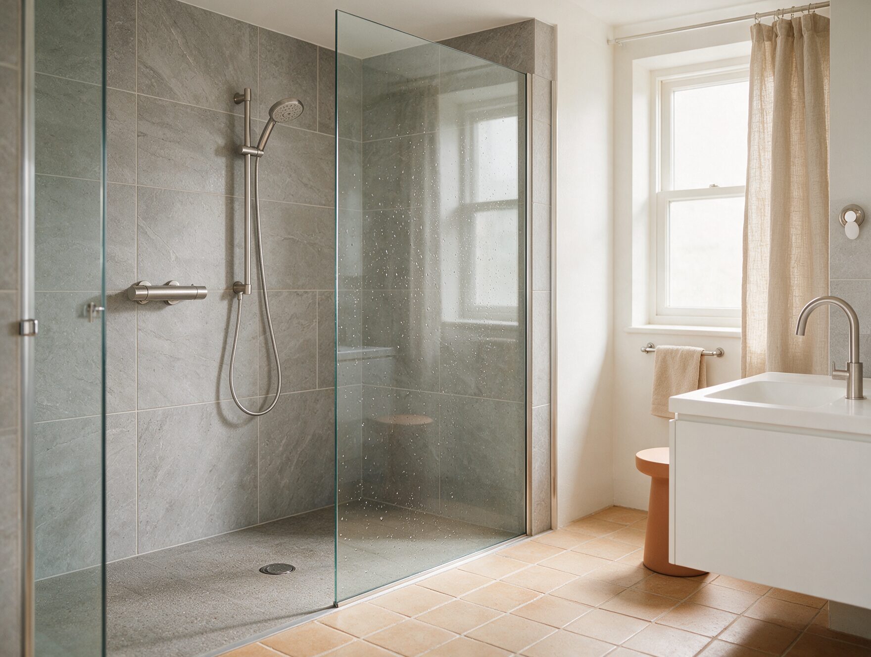 Walk-in shower with frameless glass screen and grey stone-effect tiles