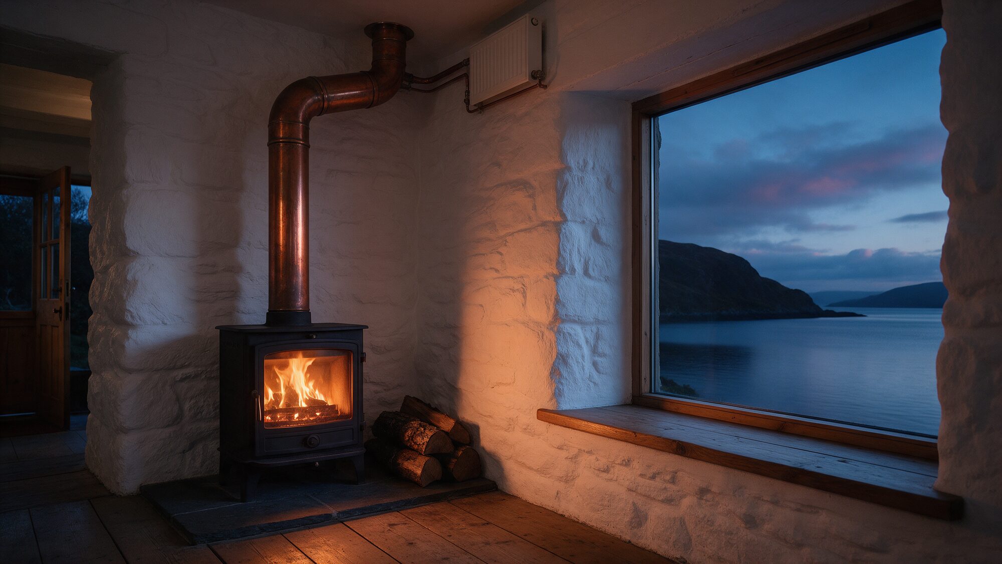 Wood burning stove glowing in a whitewashed cottage beside a sea loch at dusk